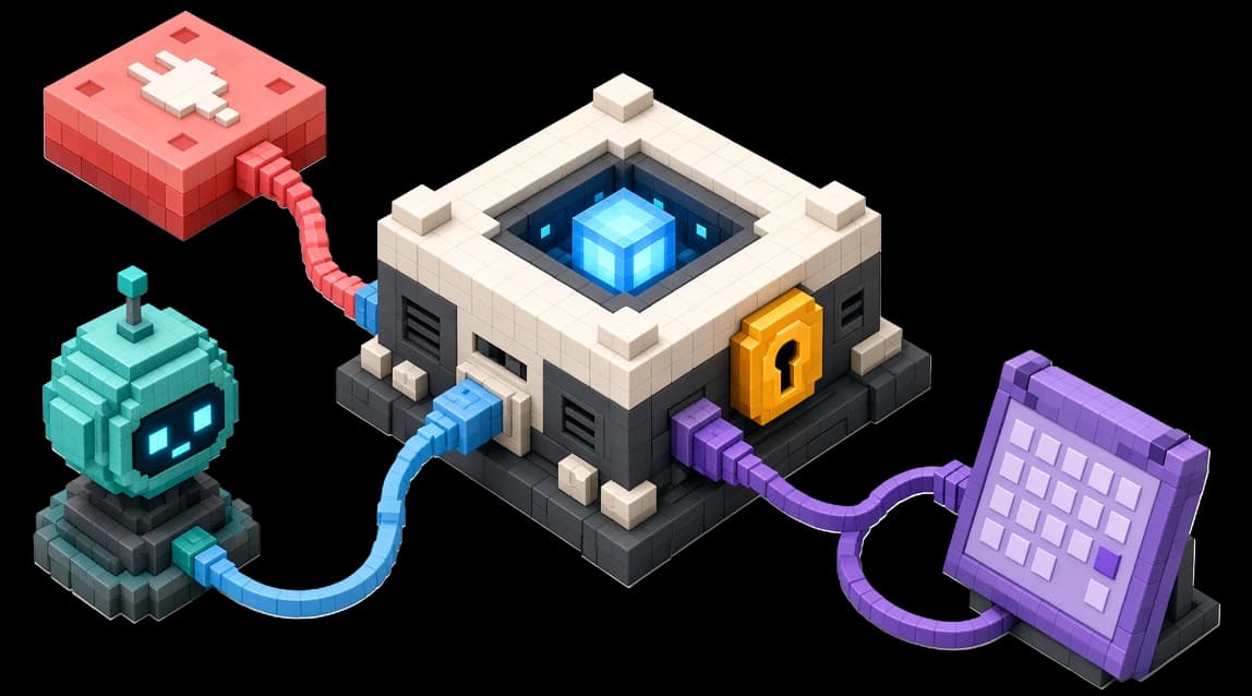 Isometric workshop hub with colorful cables linking an app tile, assistant orb, API key, and tablet into one system