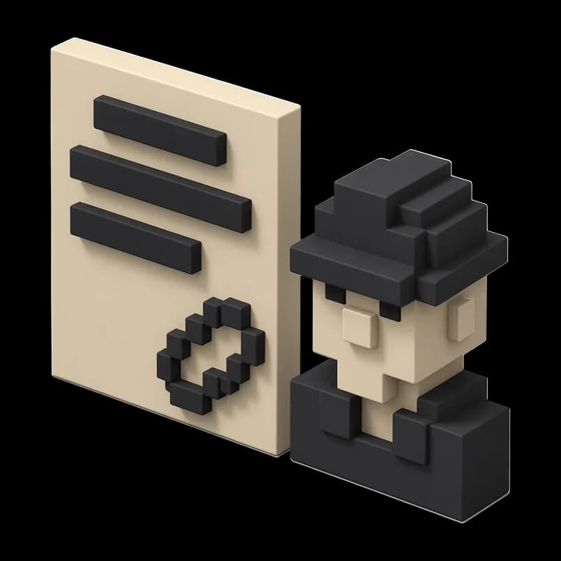 Isometric figure beside a cream document card marked with a chain-link symbol