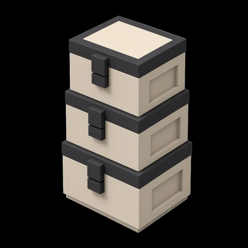 Isometric stack of three cream workshop record crates with charcoal lids