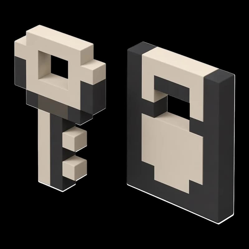 Isometric cream access key standing next to a charcoal-bordered access card